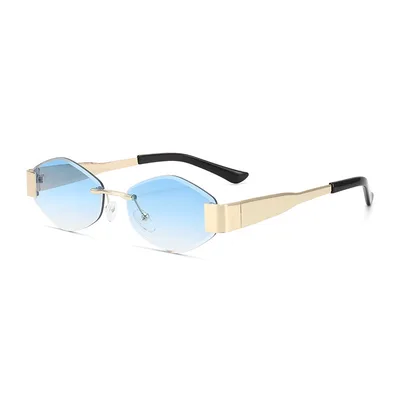 Polygon Rimless Elegant Sun resistant Sunglasses Gold Frame Double Blue Piece - Shop at LoveMi