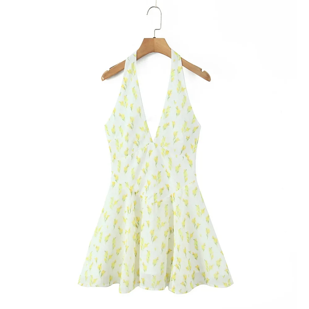 Sweet Lemon Floral Print Halter Dress - View 1