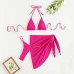 Drawstring Bandage Apron Mesh Three Piece Swimsuit - Rose Red