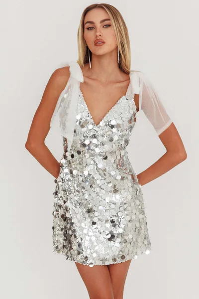 Sexy Low Cut Yarn Strip Slim fit Sequins Dress Silver - Shop at LoveMi