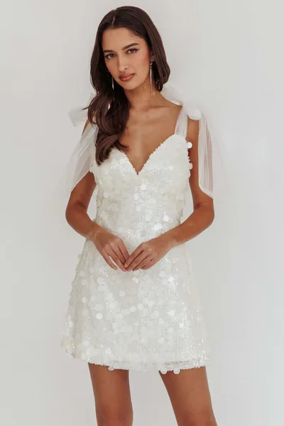 Sexy Low Cut Yarn Strip Slim fit Sequins Dress White - Shop at LoveMi