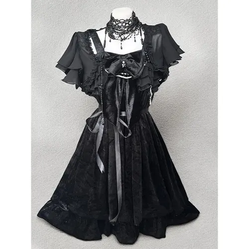 Black Gothic Style Vintage Lolita Dress Black Cardigan Two piece Set Women's Summer New Black - Shop at LoveMi