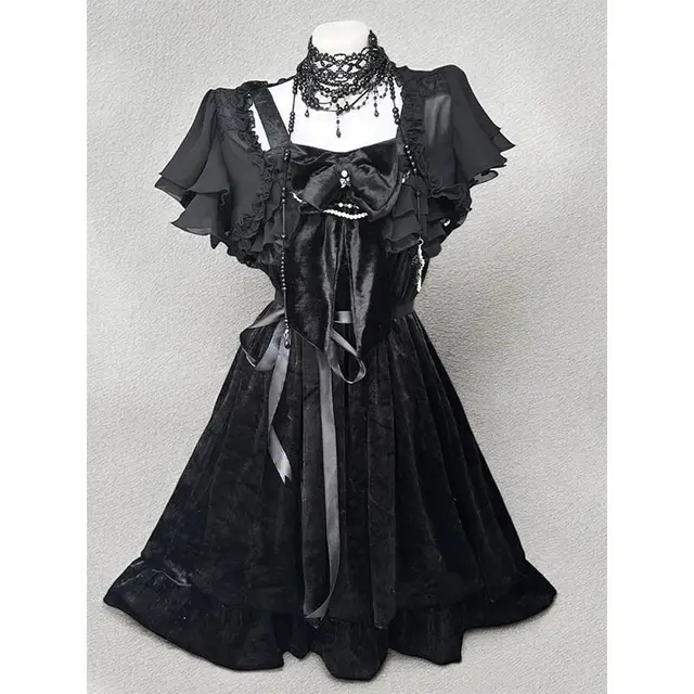 Black Gothic Style Vintage Lolita Dress Black Cardigan Two piece Set Women's Summer New Suit - Shop at LoveMi