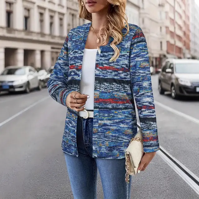 European And American New Fall Women's Clothing Printed Knitwear Contrasting Color Striped Jacket Blue - Shop at LoveMi