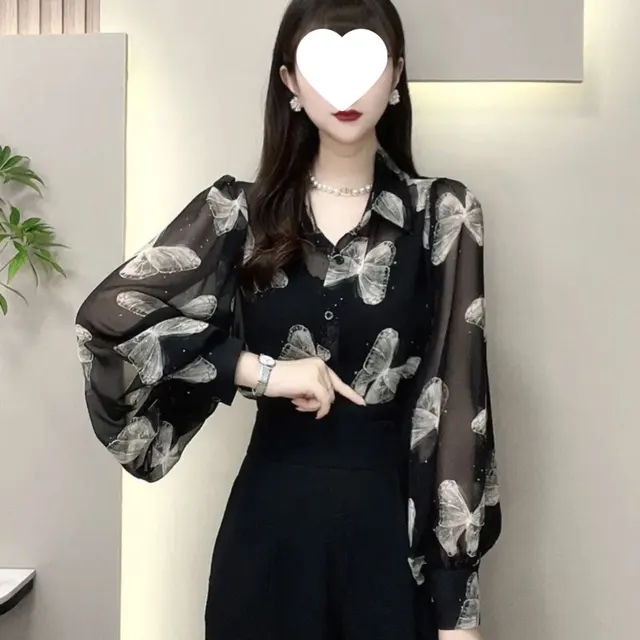 Fashionable Elegant Slimming Butterfly Printed Shirt Black - Shop at LoveMi