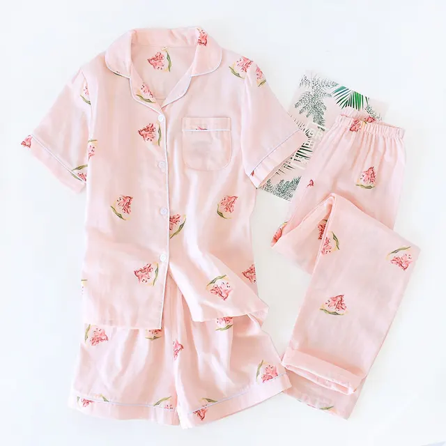 Women's Plus Size Cotton Short Sleeve Pajamas Three piece Set Pink Watermelon - Shop at LoveMi