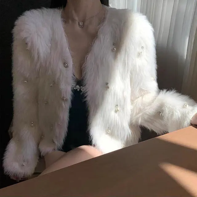 Beaded Sweater Female Regular Sleeve White - Shop at LoveMi
