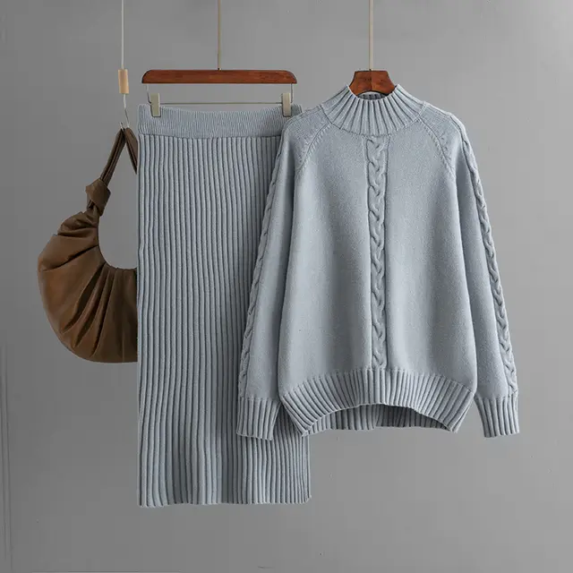 Long Sleeve Thread Fashion Skirt Suit Women Gray - Shop at LoveMi