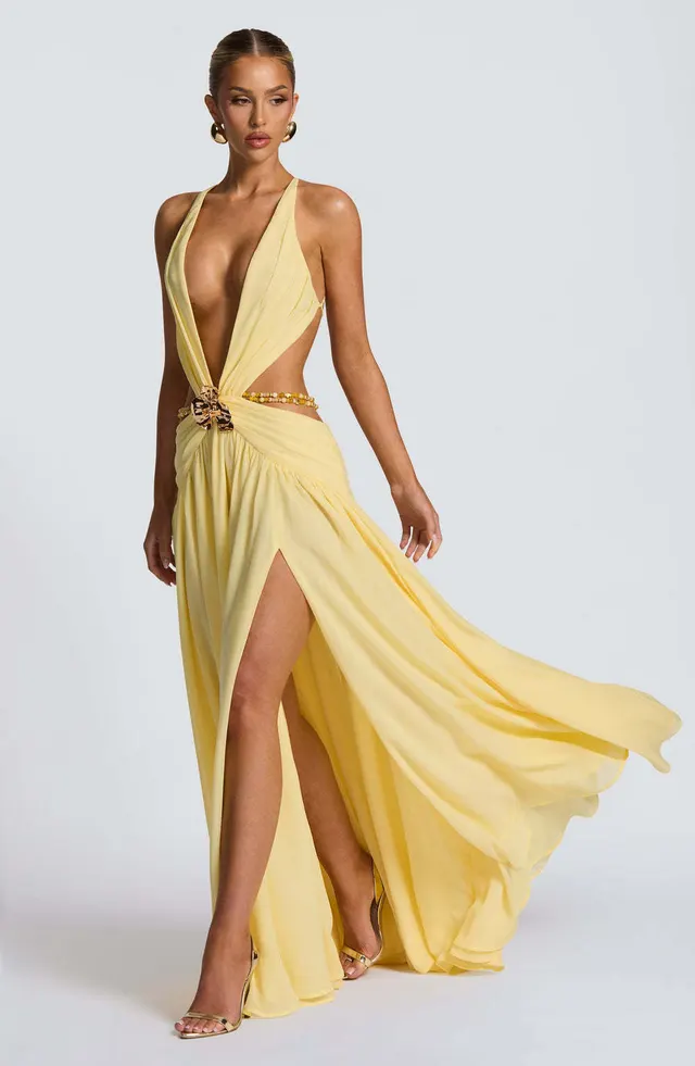 Women's Fashion Personality Backless Split Dress Yellow - Shop at LoveMi