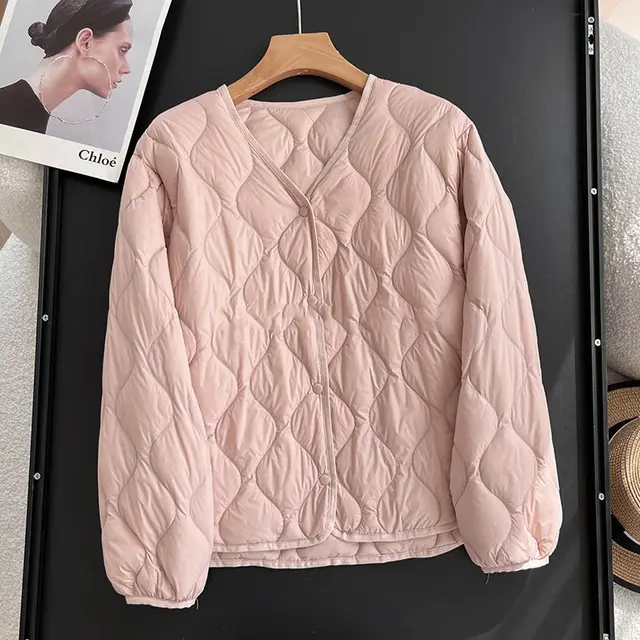 Rhombus Warm V neck Down Jacket Coat Inner Wear Pink - Shop at LoveMi