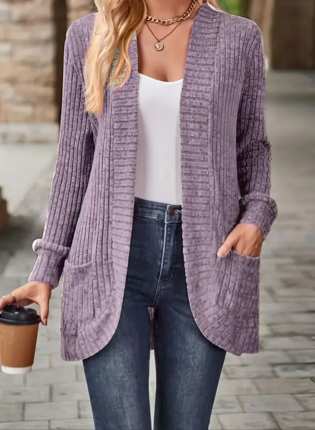 Women's Solid Color Casual Patchwork Long Sleeve Cardigan Jacket Lavender Purple - Shop at LoveMi