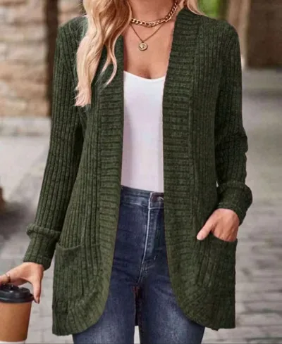 Women's Solid Color Casual Patchwork Long Sleeve Cardigan Jacket Olive Green - Shop at LoveMi
