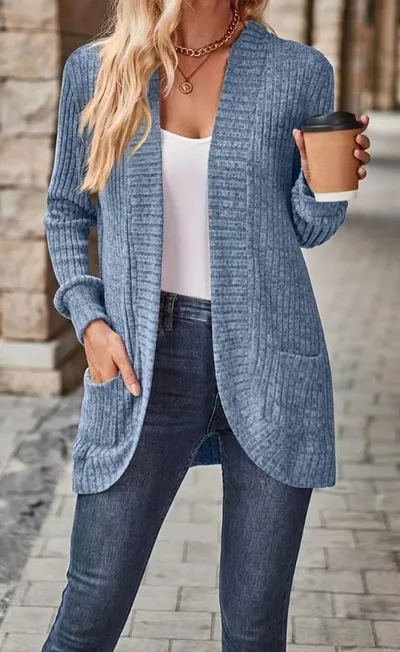 Women's Solid Color Casual Patchwork Long Sleeve Cardigan Jacket Sky Blue - Shop at LoveMi