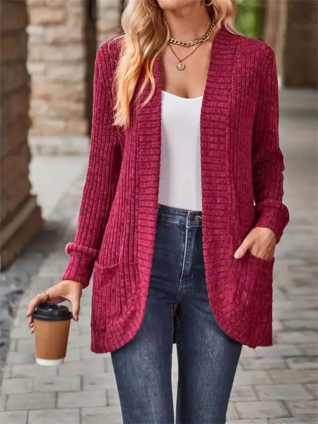 Women's Solid Color Casual Patchwork Long Sleeve Cardigan Jacket Wine Red - Shop at LoveMi