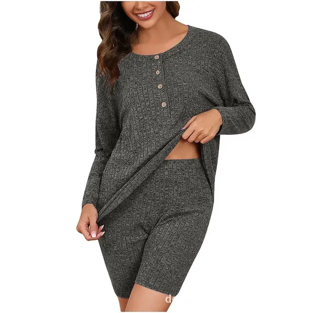 Women's Chic Rib Knitted Long sleeved Top Shorts Dark Gray - Shop at LoveMi