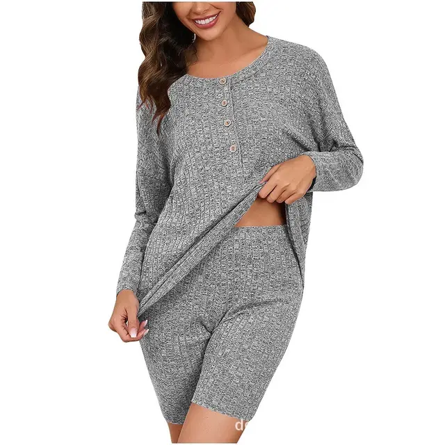 Women's Chic Rib Knitted Long sleeved Top Shorts Light Gray - Shop at LoveMi