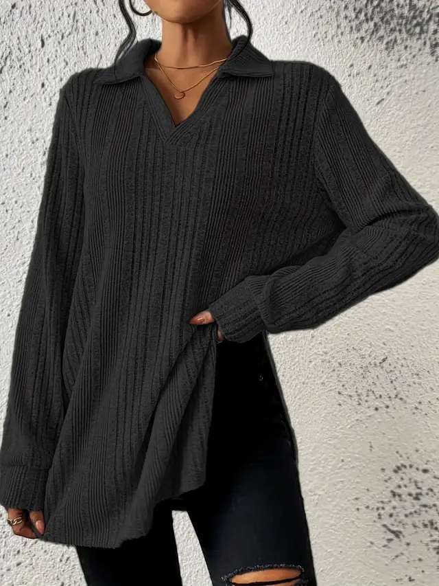 Women's V neck Reverse Collar Long sleeved T shirt Black - Shop at LoveMi