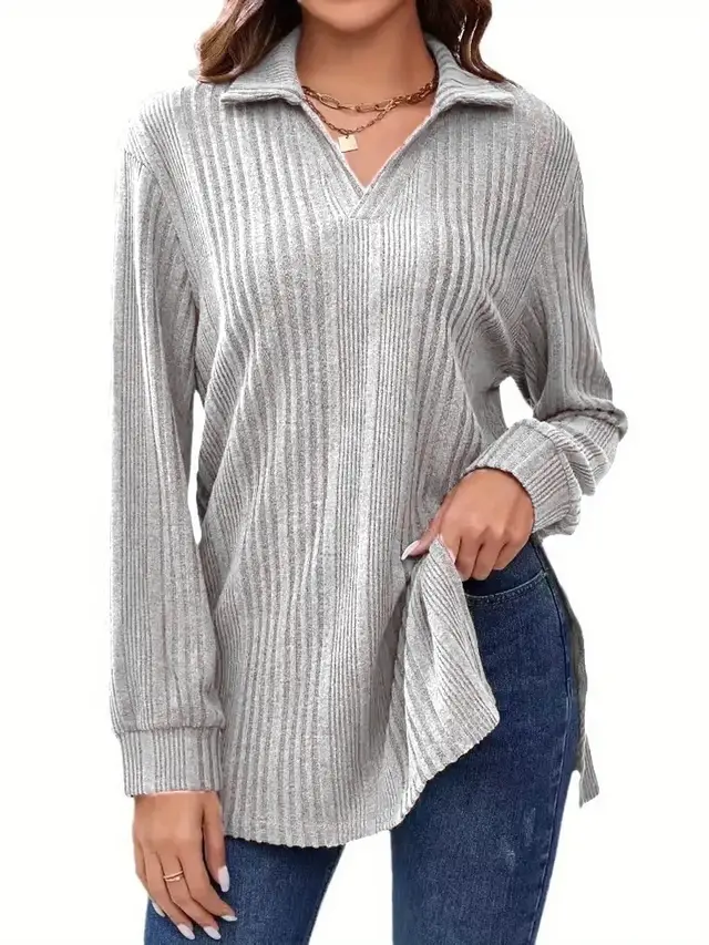 Women's V neck Reverse Collar Long sleeved T shirt Light Gray - Shop at LoveMi