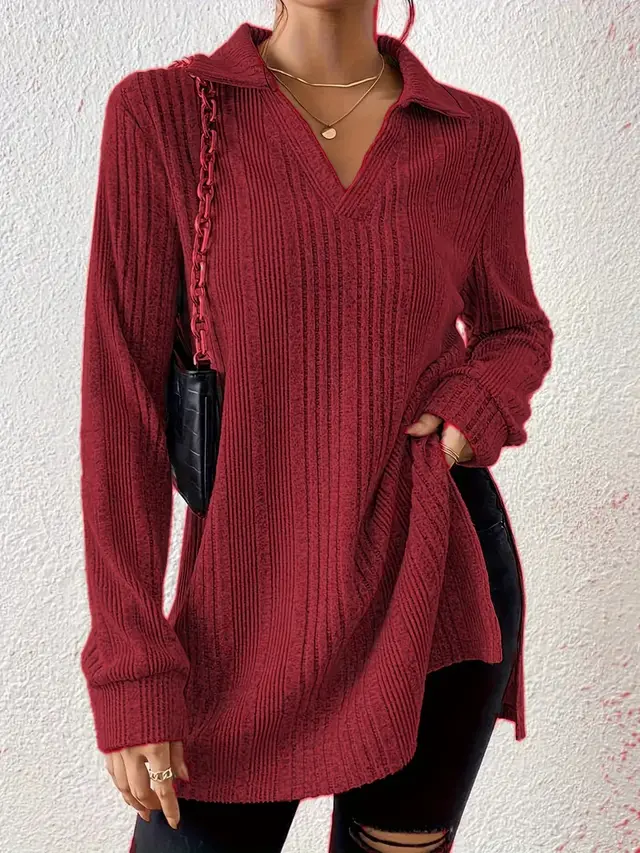 Women's V neck Reverse Collar Long sleeved T shirt Wine Red - Shop at LoveMi
