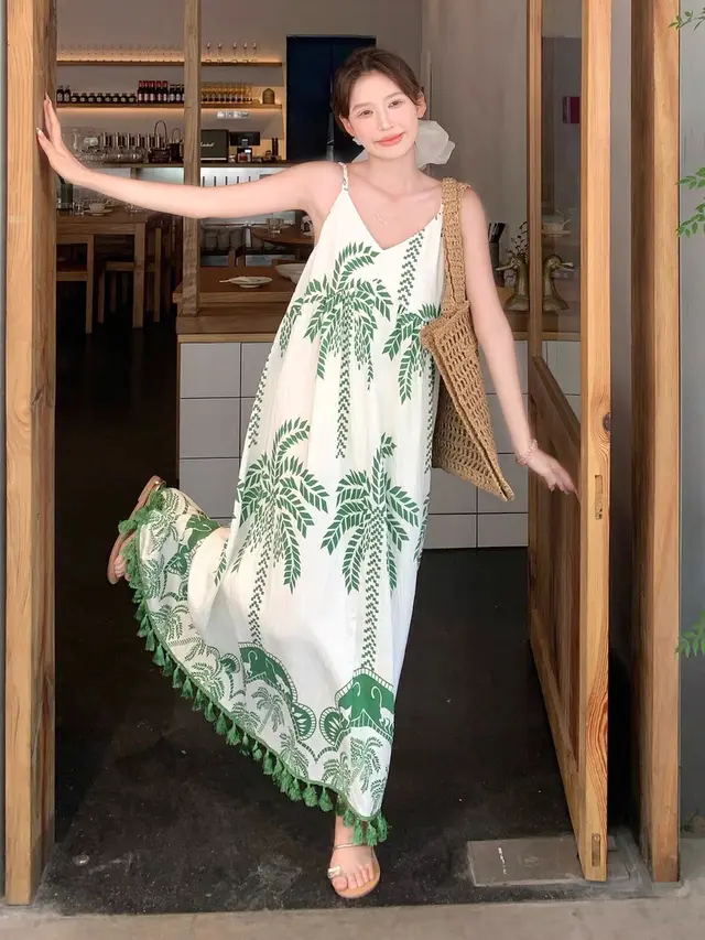 Beach Hainan Vacation Tassel Strap Dress Light Green - Shop at LoveMi