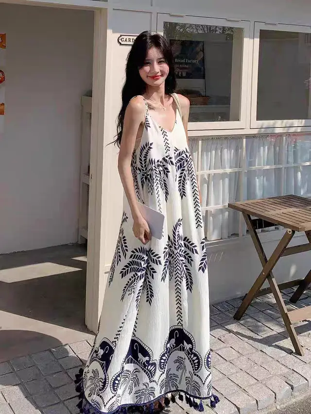 Beach Hainan Vacation Tassel Strap Dress White - Shop at LoveMi