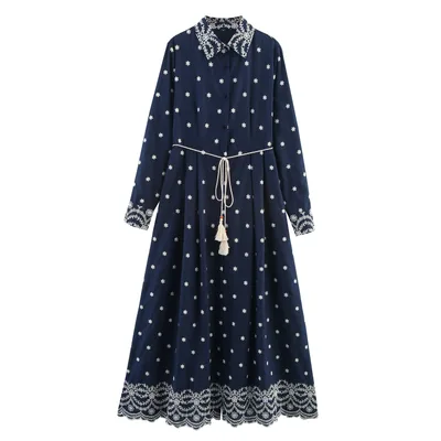 Embroidered Lapel Shirt Hemp Rope Belt Decorative Dress Dark Blue - Shop at LoveMi