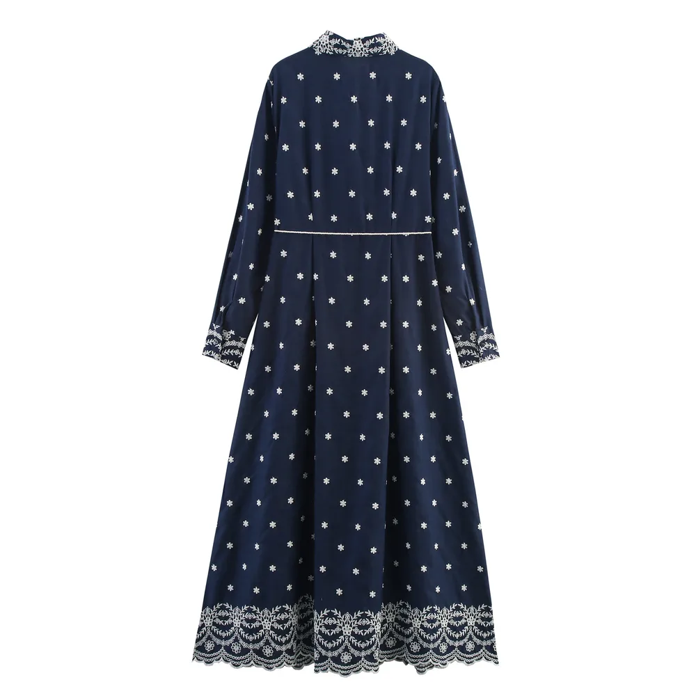 Embroidered Lapel Shirt Hemp Rope Belt Decorative Dress - Dark Blue - View 1