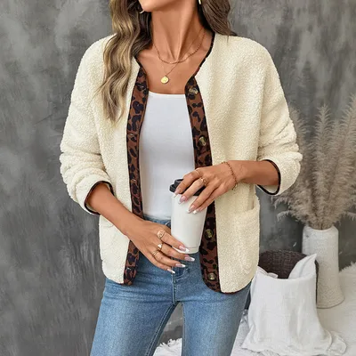 Women's Leopard Print Contrast Color side Cardigan Thickened Polar Fleece Jacket Leopard - Shop at LoveMi