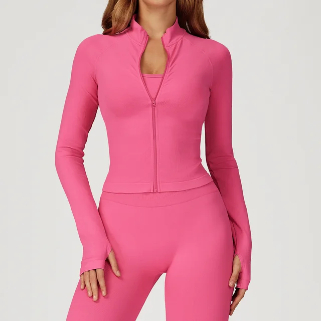 Seamless Stand Collar Zipper Yoga Jacket Windproof Rose Red - Shop at LoveMi