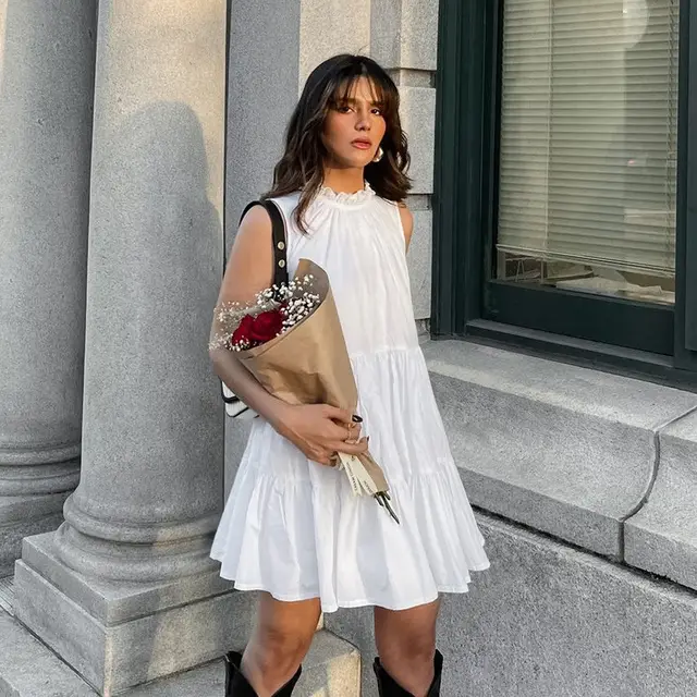 Round Neck Sexy Bow Tie Elegant Loose Temperament Dress White - Shop at LoveMi