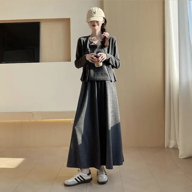 Glutinous Rice Three piece Korean style Elegant Knitted Cardigan Sling Skirt Dark Gray - Shop at LoveMi