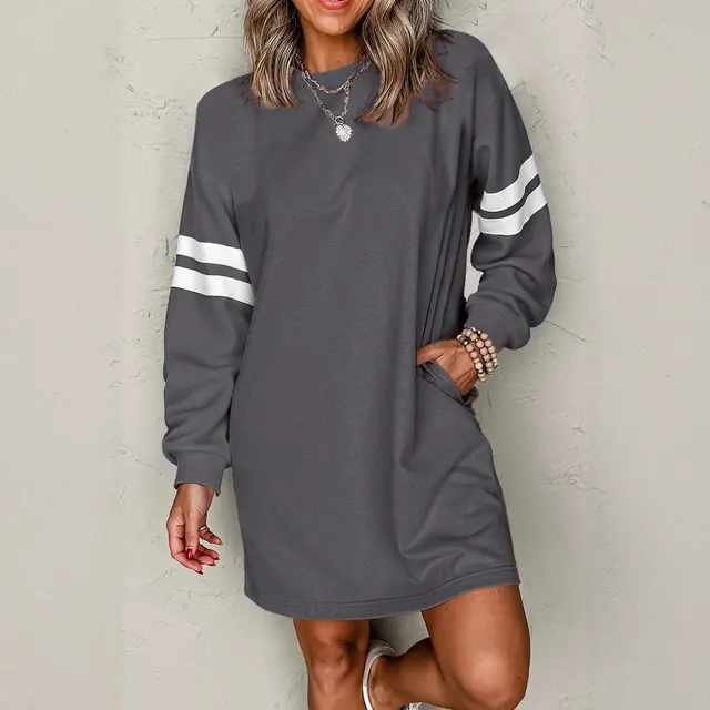 European And American Leisure Loose All match Round Neck Dress Dark Gray - Shop at LoveMi