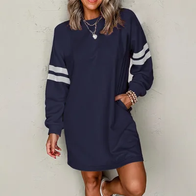 European And American Leisure Loose All match Round Neck Dress Navy Blue - Shop at LoveMi
