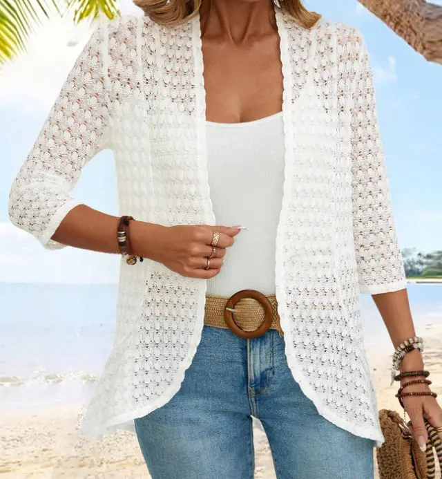 Spring And Summer Western Style All matching Solid Color Lace Beach Jacket Beige - Shop at LoveMi