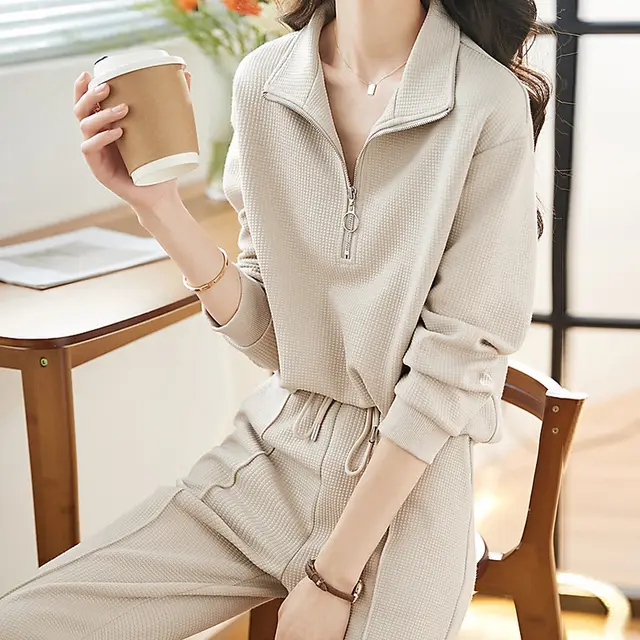 Casual Sportswear Two piece Set Autumn And Winter New Simple Beige Apricot - Shop at LoveMi