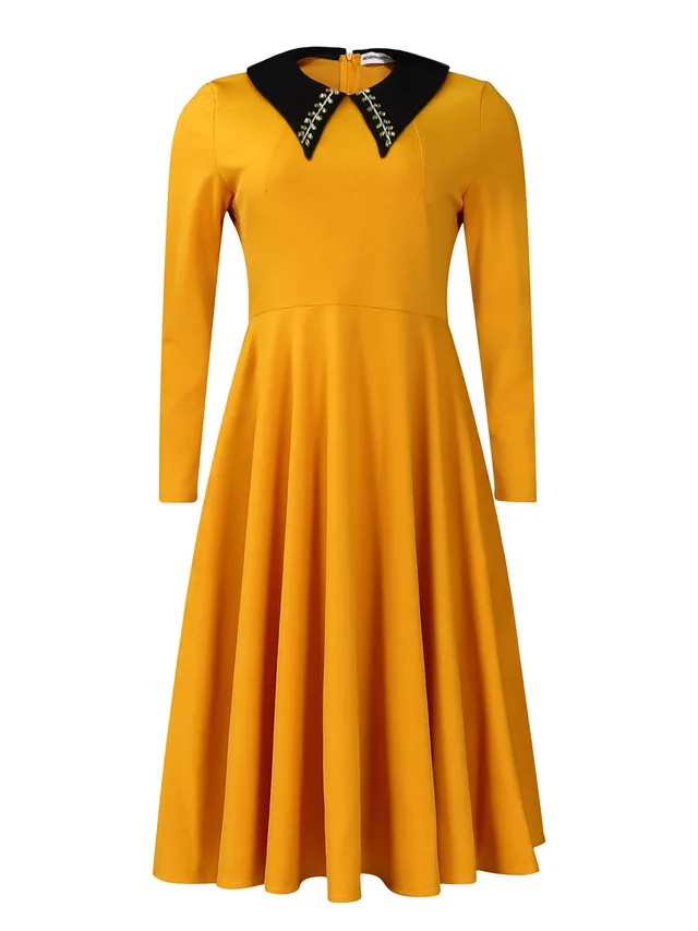 Long Sleeve Lapel Elegant Slimming Large Hem Dress Yellow - Shop at LoveMi