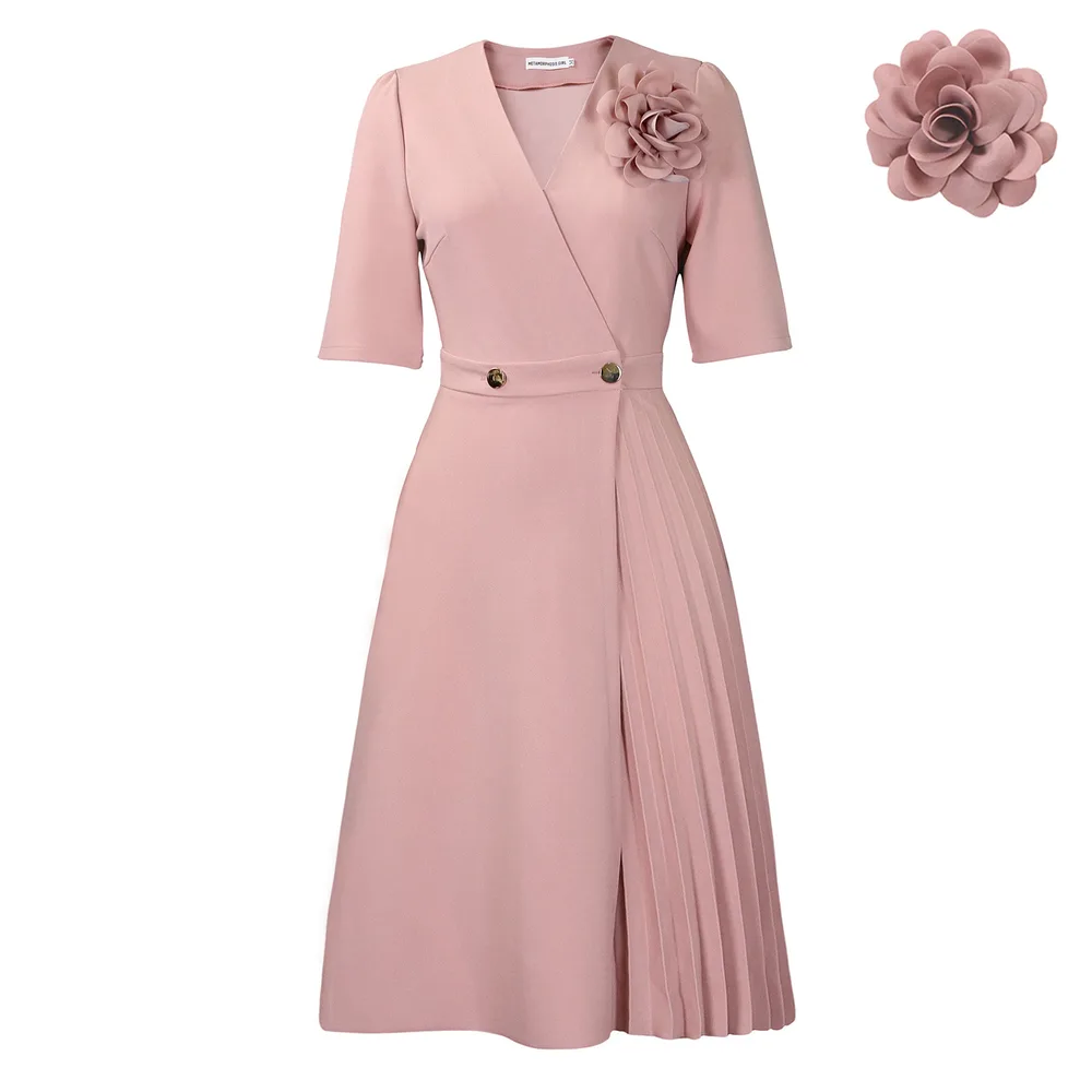 V-neck Fashion Short Sleeve Solid Colour Elegant Dress - Light Pink Belt