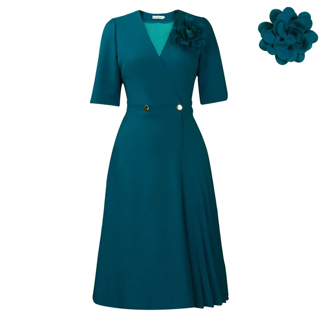 V neck Fashion Short Sleeve Solid Color Elegant Dress Peacock Green Corsage - Shop at LoveMi