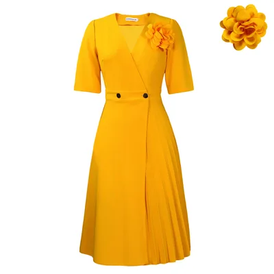 V neck Fashion Short Sleeve Solid Color Elegant Dress Yellow Corsage - Shop at LoveMi