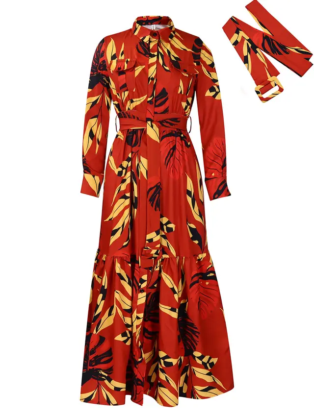 Lapel Lace up Printed Long Sleeve Shirt Skirt Long Dress Red - Shop at LoveMi