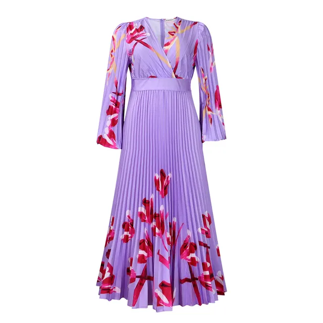 V neck Slimming Long Sleeves Printed Pleated Dress Light Purple - Shop at LoveMi