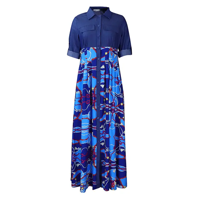 Casual Denim Stitching Printing Long Dress Blue - Shop at LoveMi