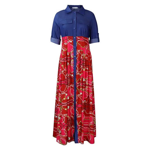 Casual Denim Stitching Printing Long Dress Red - Shop at LoveMi