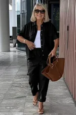 Casual Cotton And Linen Blazer Loose Trousers Suit - Black