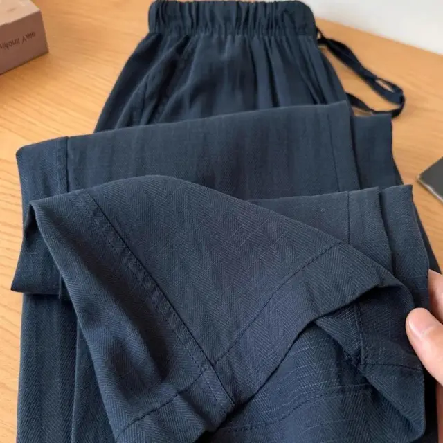 Blue Elastic Waistband Lace up Cotton Linen Wide leg Pants 1001 Navy Blue - Shop at LoveMi