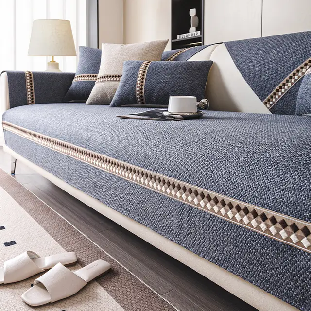 Cotton And Linen Sofa Cushion Four Seasons Universal Non slip Sofa Cover Light Luxury Dark Blue - Shop at LoveMi