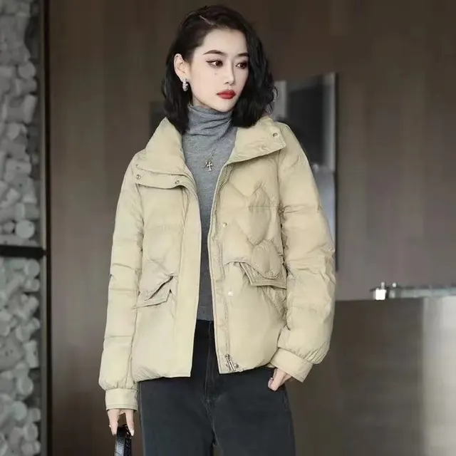 Small sized Short Stand up Collar Thermal Thin Coat Dark Khaki Cloth Color - Shop at LoveMi
