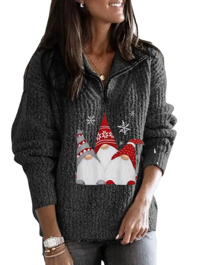 Women's Printed Long sleeve Zipper Knitted Sweater Dark Gray - Shop at LoveMi