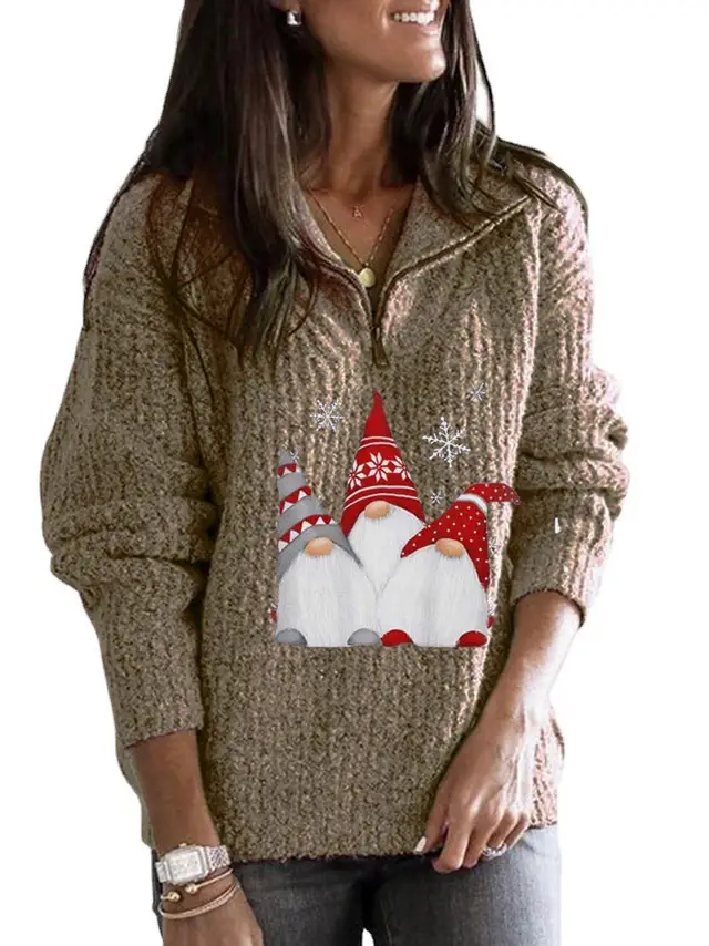 Women's Printed Long sleeve Zipper Knitted Sweater Khaki - Shop at LoveMi