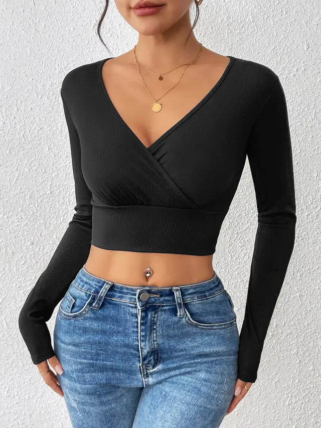 Cross V neck Cropped Top Slim Fit Slimming Sweater Black - Shop at LoveMi